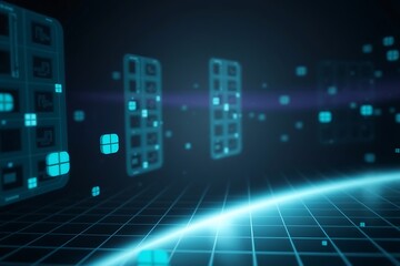 Generative AI digital data stream with futuristic blue grids and glowing light.