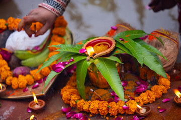 Holy offerings for hindu sun god at chhath festival with fruits. Chhath Puja is a significant Hindu festival primarily observed in the Indian states of Bihar, Jharkhand, Uttar Pradesh and Nepal.