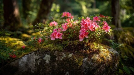 A cluster of vibrant pink azaleas blooming atop a moss-covered rock in a dark forest with light rays