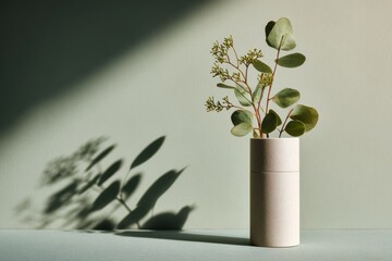 Eco-Friendly Deodorant Paper Tube with Eucalyptus on Muted Sage Background Casting Shadow Column