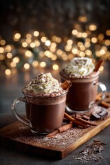 A cozy still life featuring two mugs of decadent hot chocolate with whipped cream and cinnamon