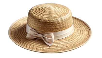  Classic summer straw boater hat with ribbon bow isolated on transparent background PNG