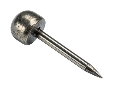 Metal thumbtack push pin with shiny dome head and sharp point, office stationery tool on isolated background