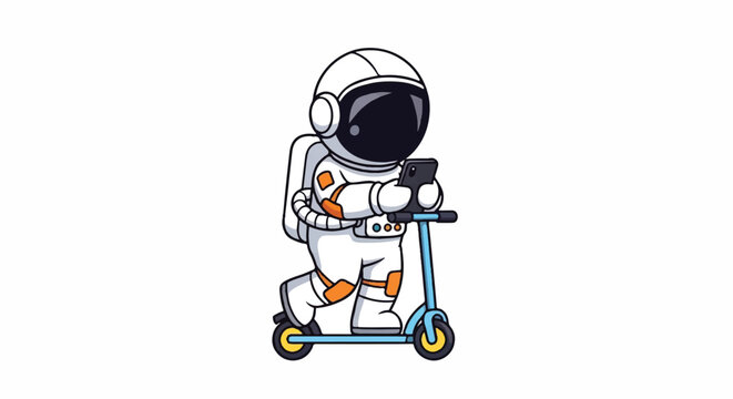 A cartoon astronaut riding a blue scooter with orange accents against a plain white background in a playful and adventurous mood.