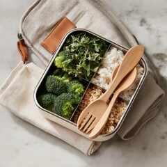 Eco-friendly Stainless Steel Lunchbox Bento Set with Greens and Grains, Wooden Fork, and Cotton Napkin in a Clean Top View