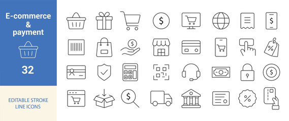 E-commerce and Payment Editable Line Icon Set. Shopping Cart, Credit Card, Online Store, Money, Security, and Delivery