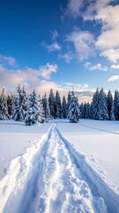 A beautiful snowy path leading into a tranquil winter forest during sunrise.