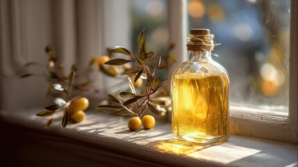 Glass bottle of olive oil and an olive branch on a sunlit rustic windowsill.