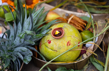 Holy offerings for hindu sun god at chhath festival with fruits. Chhath Puja is a significant Hindu festival primarily observed in the Indian states of Bihar, Jharkhand, Uttar Pradesh and Nepal.
