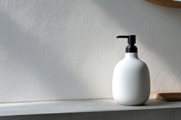 Serene Spa Ambiance with Ceramic Pump Bottle on Bath Edge against Limewash Wall in Soft Highlight - Calm Minimalist Design