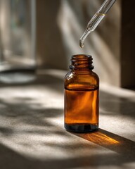 Precision Pouring: Shampoo Refill Funnel Moment with Amber Bottle on Scale in Neat Lab Setting