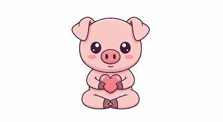 Fototapeta premium A cute cartoon piglet sitting cross-legged holding a pink heart on a white background with a sweet and loving mood.