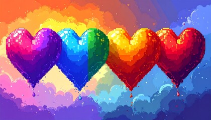 Digitized art featuring four colorful hearts, symbolizing diversity and love, set against an abstracted, pixelated background of blended rainbow hues