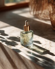 Eco-Luxe Prism Refraction: Two-Tone Facial Oil in Glass Bottle on Marble Off-White Base for Natural Beauty Skincare