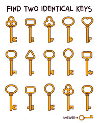 Find two identical keys. Educational puzzle for kids with different golden keys. Find two identical keys game for children. Logic and attention activity for preschool or elementary school students