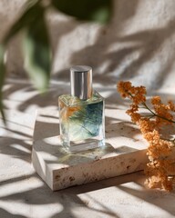 Luxurious Two-Tone Facial Oil in Glass Bottle with Prism Refraction on Marble Off-White Base for Eco-Friendly Skin Care