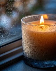 Tranquil Night: Macro Shot of Wooden Wick Candle in Frosted Glass Creating a Warm Evening Glow with First Burn Melt Pool Formation