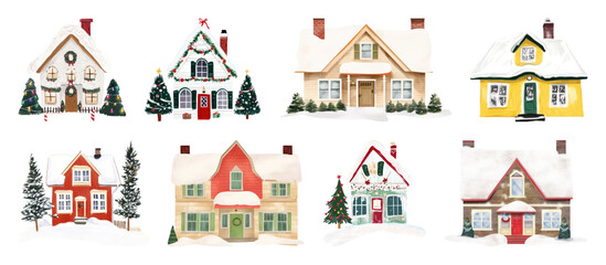 Fototapeta premium PNG Charming festive winter houses illustration, element set on transparent background