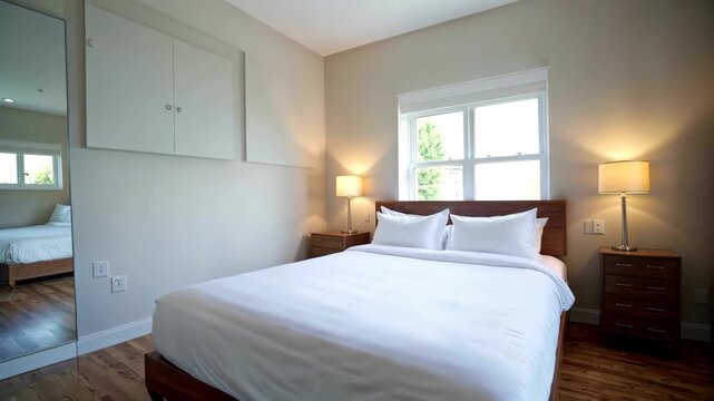 Simple bedroom bed and interior decoration Warm and comfortable bedroom empty