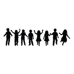 Diverse group of happy children silhouettes dancing and playing together joyfully in full silhouette against a clean white backdrop silhouette