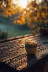 Warm Cup of Tea on a Rustic Wooden Table, Autumn Sunlight and Steam