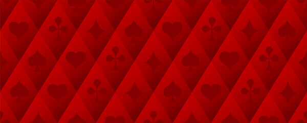 Playing card suits seamless pattern. Red background with spades, hearts, diamonds, and clubs. Vector poker style wallpaper. Suitable for gambling and casino advertising