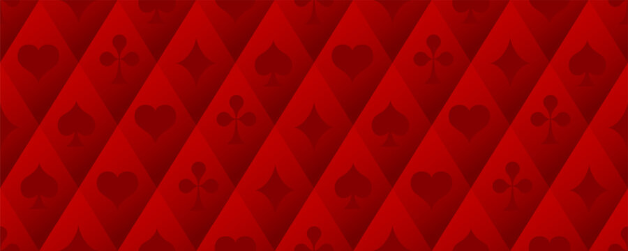 Playing card suits seamless pattern. Red background with spades, hearts, diamonds, and clubs. Vector poker style wallpaper. Suitable for gambling and casino advertising