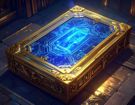 Ornate, glowing rectangular structure on tiled floor, blue circuit board design