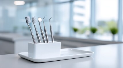 industry showcase medical Dental tools arranged neatly in a modern, well-lit dental office setting.