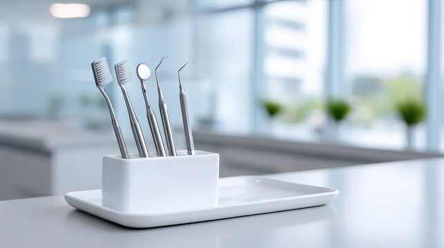 industry showcase medical Dental tools arranged neatly in a modern, well-lit dental office setting.