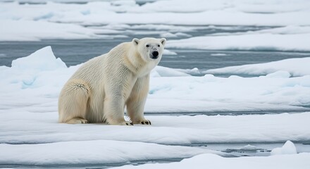 A polar bear sits on a sheet of ice in the arctic, looking directly at the camera with its mouth open, surrounded by ice and water