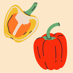 Hand-drawn pepper illustration in flat, doodle, minimalist style. Simple vector design featuring whole peppers , slices, and branches. Perfect for food packaging, kitchen prints, menus, and healthy 
