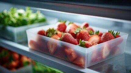 Freshly Sliced Fruit in Silicone Food Bag with Frost Texture on Fridge Shelf - Healthy Food Preparation Concept