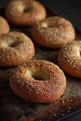 Golden Sesame Seed Bagels on a Dark Baking Sheet: Appetizing Close-up