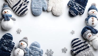 Winter accessories and snowmen arranged in a festive flat lay scene
