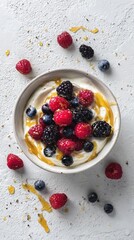 Bowl of Skyr topped with wild berries and honey drizzle, dish from Iceland on white backdrop, minimalist food photo, template for social media, digital ads, web banner, mobile wallpaper, greeting card
