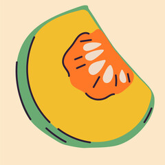 Hand-drawn pumpkin illustration in flat, doodle, minimalist style. Simple vector design featuring whole pumpkin , slices, and branches. Perfect for food packaging, kitchen prints, menus, and healthy 