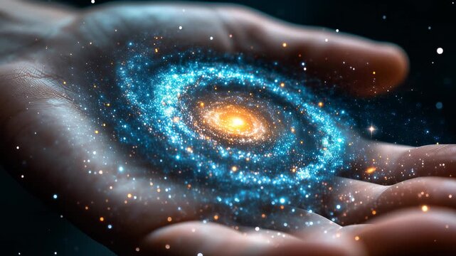 Universe shining in hand palm, cosmos galaxy nebula, science exploration concept