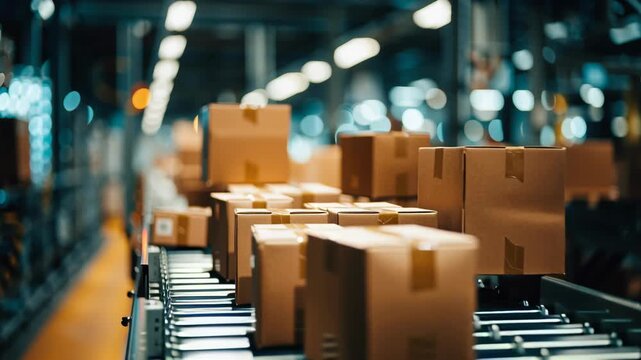 Conveyor belt with boxes in a large warehouse, ready for shipping and distribution. Automated process to facilitate storage and delivery.