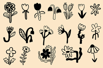 Vector set of hand-drawn flowers in a flat, doodle, minimalist style. Simple decorative floral elements perfect for stickers, patterns, packaging, greeting cards, invitations, branding