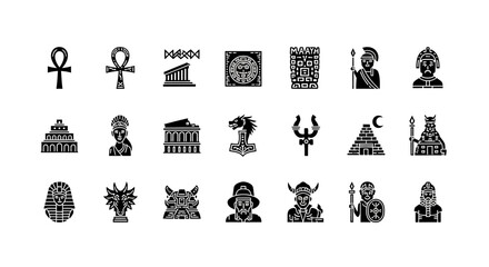 Glyph icon collection of ancient civilization symbols. Historical and mythological elements from Egypt, Greece, Rome, and Norse legends