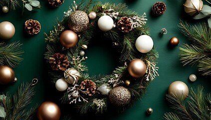 Festive winter wreath adorned with golden and silver ornaments pine and berries