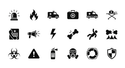 A diverse assembly of solid black pictograms illustrating emergency services, safety protocols, and various hazard warnings © Steven