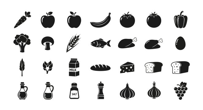 A versatile set of monochrome food icons representing various grocery categories, perfect for nutrition guides and healthy eating concepts