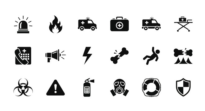 A diverse assembly of solid black pictograms illustrating emergency services, safety protocols, and various hazard warnings