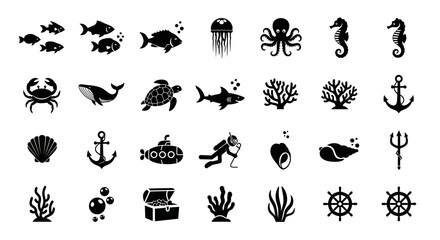 Marine life and nautical exploration glyph icon set featuring sea creatures and maritime symbols in a solid black vector design