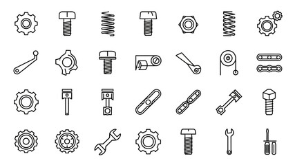 A comprehensive line icon set of engineering parts, featuring gears, bolts, pistons, and workshop tools for industrial repair and mechanics