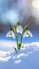 Delicate white snowdrop flowers blooming in the snow.