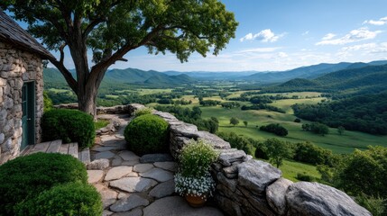 Panoramic View Of A Lush Green Rural Landscape With Rolling Hills Under A Clear Blue Sky With Fluffy Clouds Seen From A Stone Terrace With A Large Tree And Bushes
