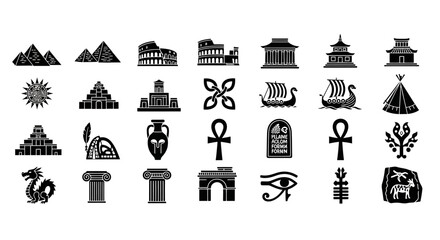 A diverse collection of flat vector icons depicting ancient world history, including famous landmarks, cultural symbols, and mythological elements from global civilizations